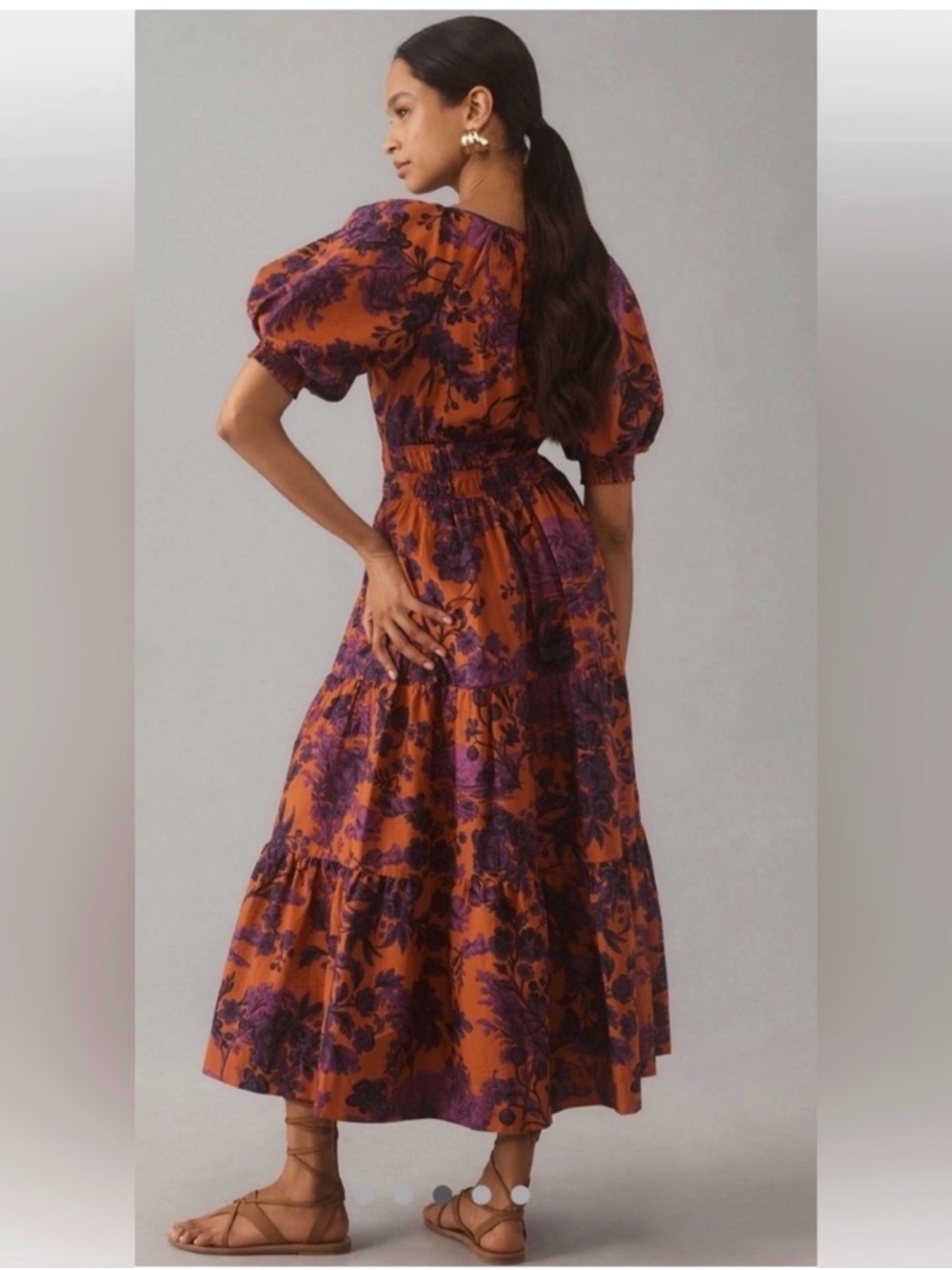 Anthropologie Maeve Floral Puff Sleeve Midi Dress Orange Purple Size Small - Picture 3 of 8